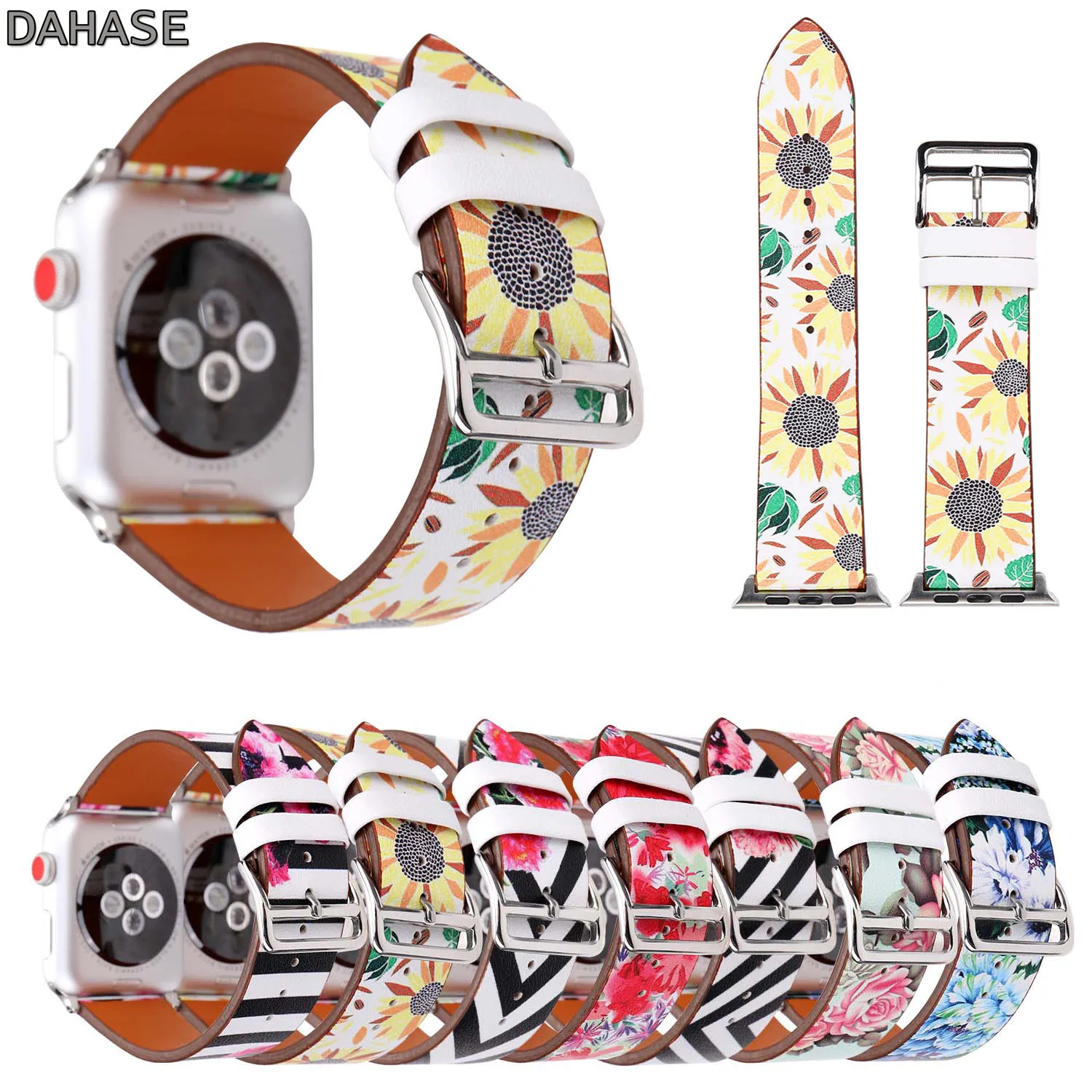 

DAHASE Flower Print Leather Band for Apple Watch 38/42mm Bracelet Sunflower Blossoms Wrist Strap for Apple Watch Bands