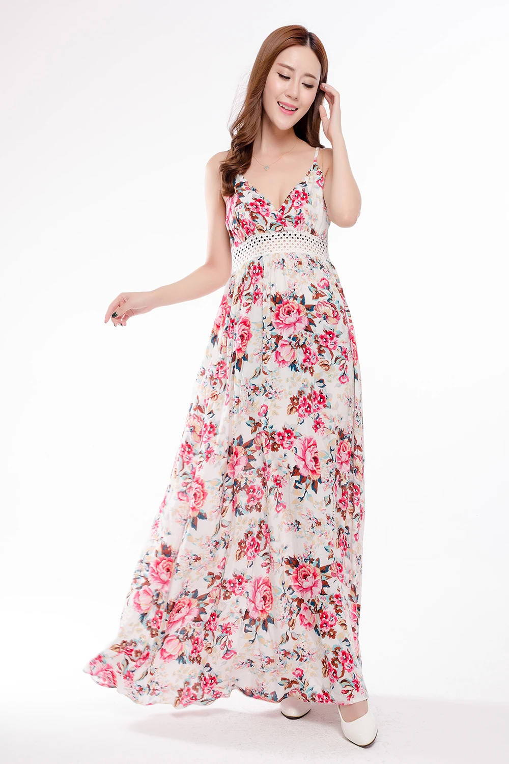 Women Rayon V Neck Flower Printed Lace Beach Dress 2016 Summer Lady Female Sexy Spaghetti Strap