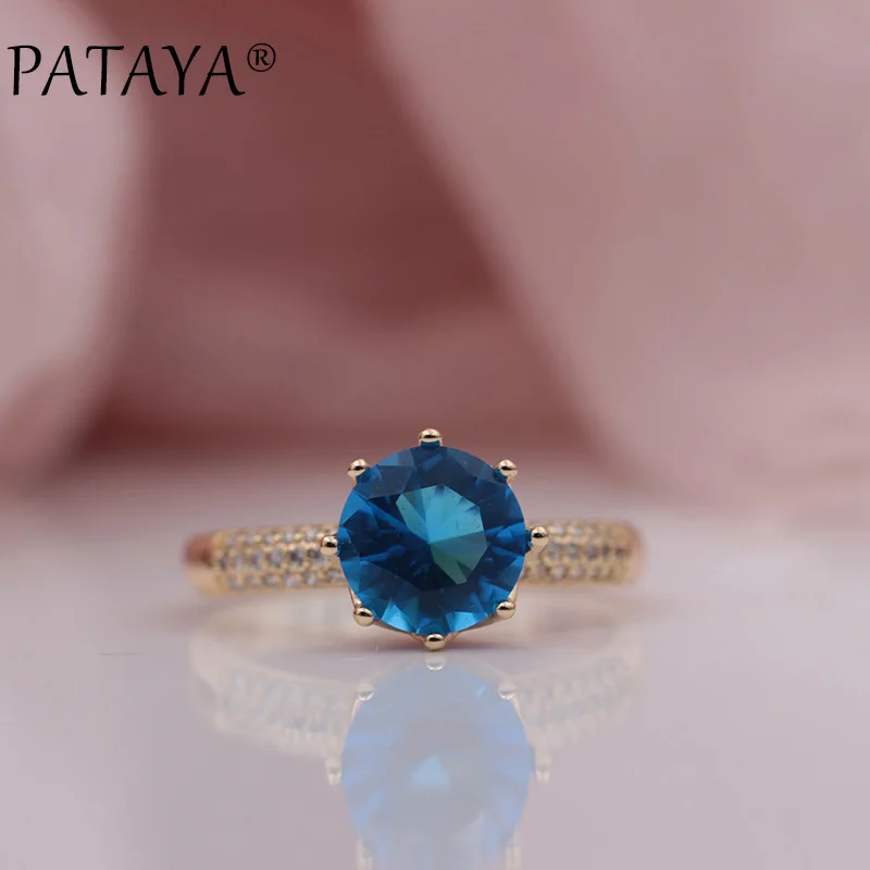 

PATAYA New Arrivals Women Wedding Party Fine Trendy Jewelry 585 Rose Gold Micro-wax Inlay Big Round Blue Natural Zircon Rings