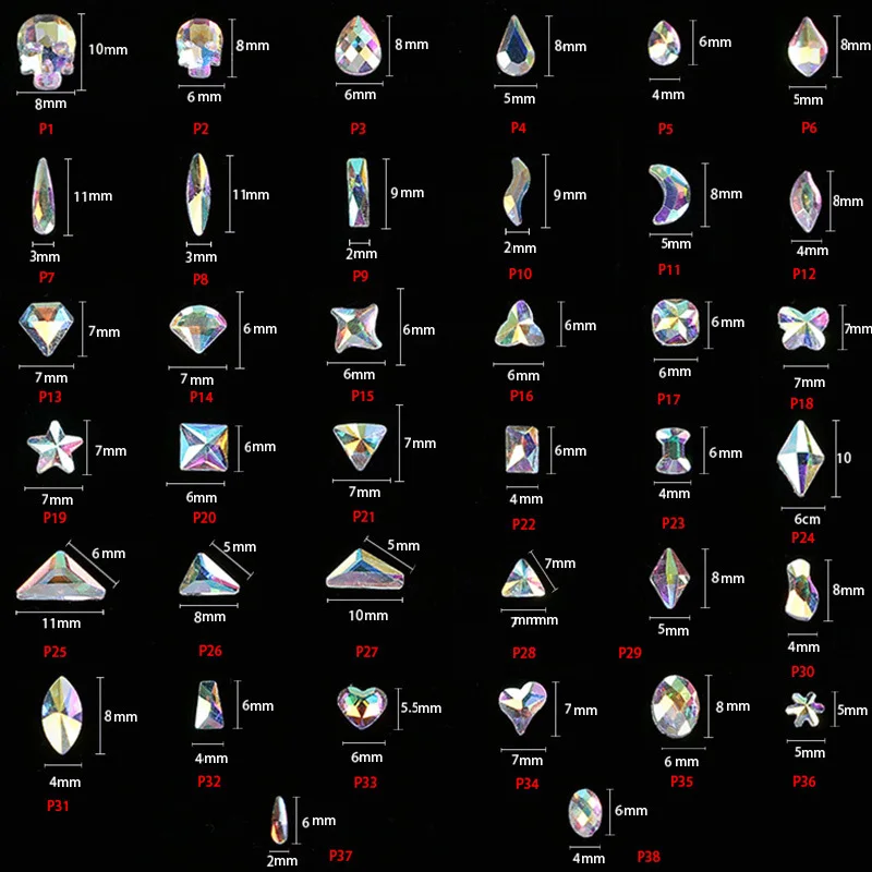100 шт смешанные размеры кристалл AB 3D дизайн ногтей стразы камни с плоским низом алмазные ювелирные изделия 38 видов различных форм для ногтей