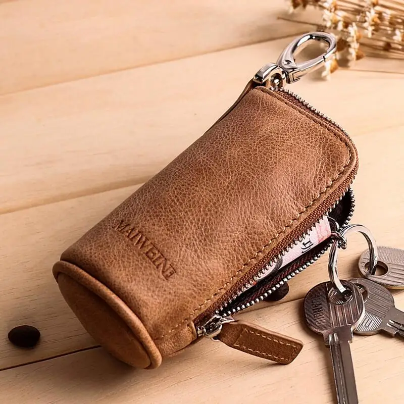 

Brand Men Genuine Leather Retro Car Key Housekeeper Holders Lady Cow Leather Fashion Barrel Shaped Designer Zipper Key Wallets