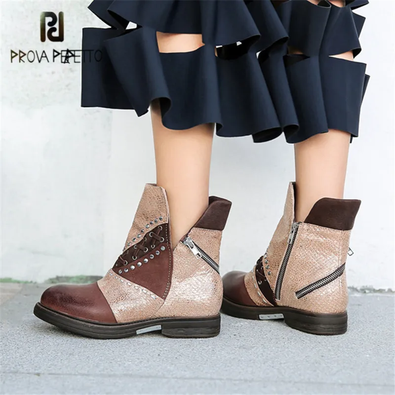 

Prova Perfetto Women Short Booties Rivets Studded Flat Bottine Femme Ladies Gladiator Ankle Boots Strappy Rubber Chelsea Boots