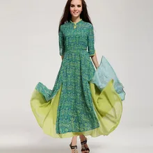 Высокое качество Горячая Распродажа поддельные Twp штук Jag цветок напечатанный Сбор талии три четверти рукав шифон длинное платье