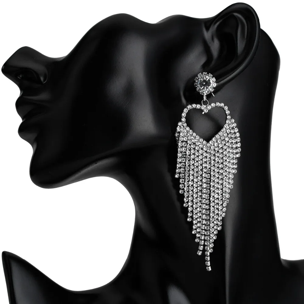 

Rhinestone heart earrings for women tassel statement chandelier crystal fringe earrings 2019 fashion evening Jewelry gift