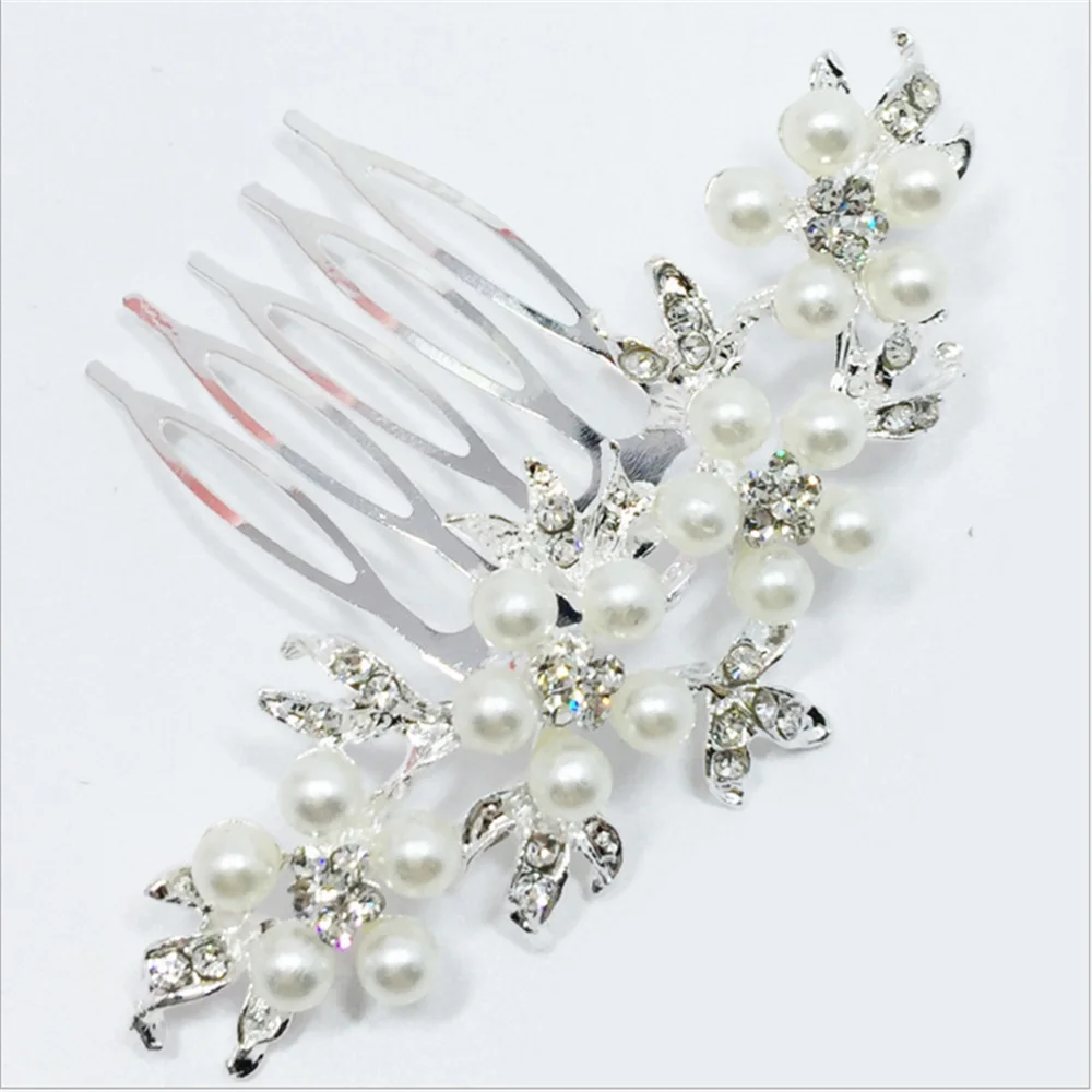 

OPPOHERE Silver Pearl Rhinestones Wedding Hair Comb For Women Crystal Hair Jewelry Handmade Bride Headdress Hair Accessories