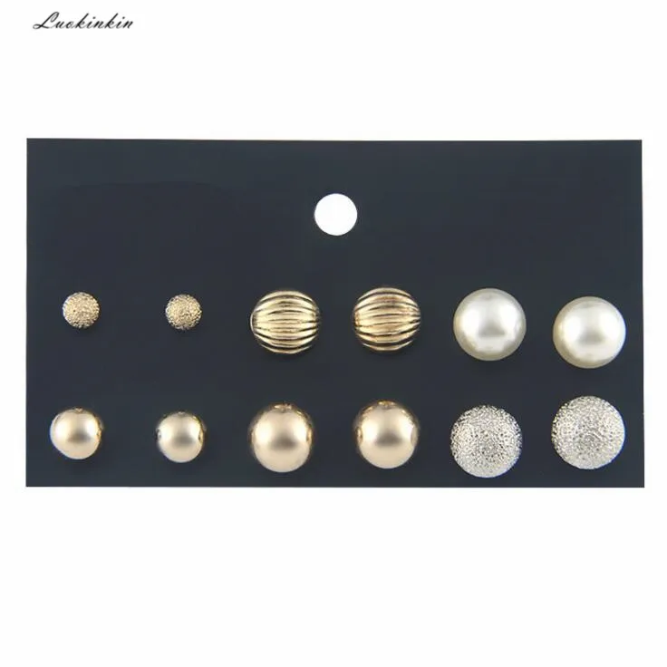 

pearl shell metal ball shape temperament small stud earrings set fashion jewelry for women,six pairs/sets in box new pendientes