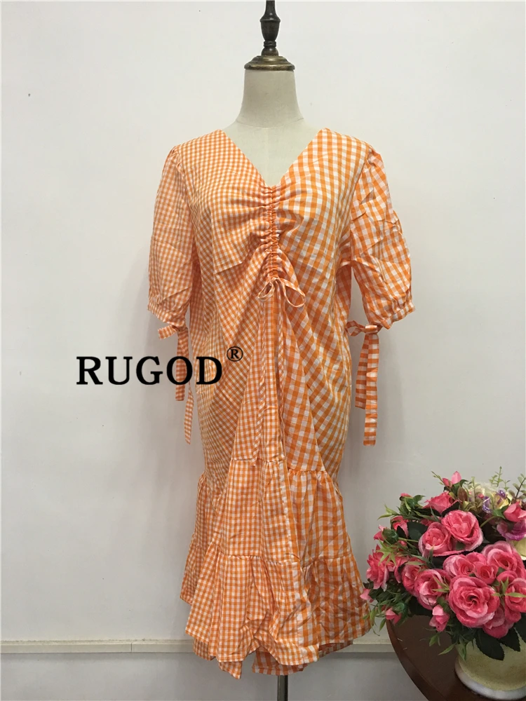 RUGOD модное клетчатое лоскутное длинное летнее платье для женщин Корейский шик фонарь рукав Офисная Женская одежда элегантные платья на завязках