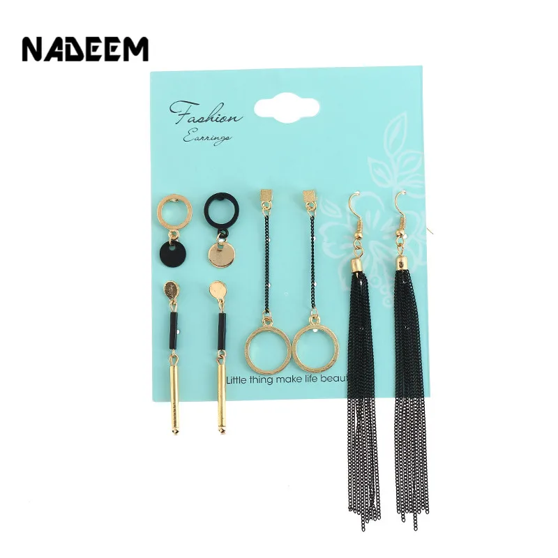 

NADEEM 4Pairs/Set Bijoux Geometric Round Metal,Long Tassel Earring Set Rivet Earrings Set For Women Brincos Female Jewelry