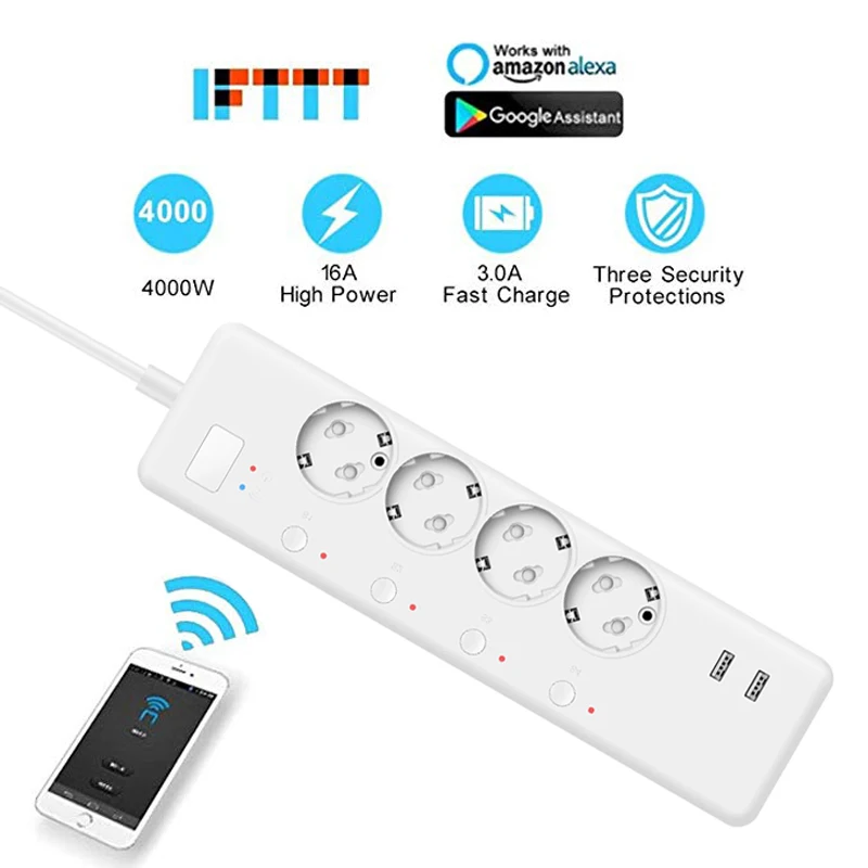 

Smart WiFi Power Strip EU Plug 2USB 1.8m Extension Power Socket Network Filter Timer Surge Protector Support Alexa Google IFTTT