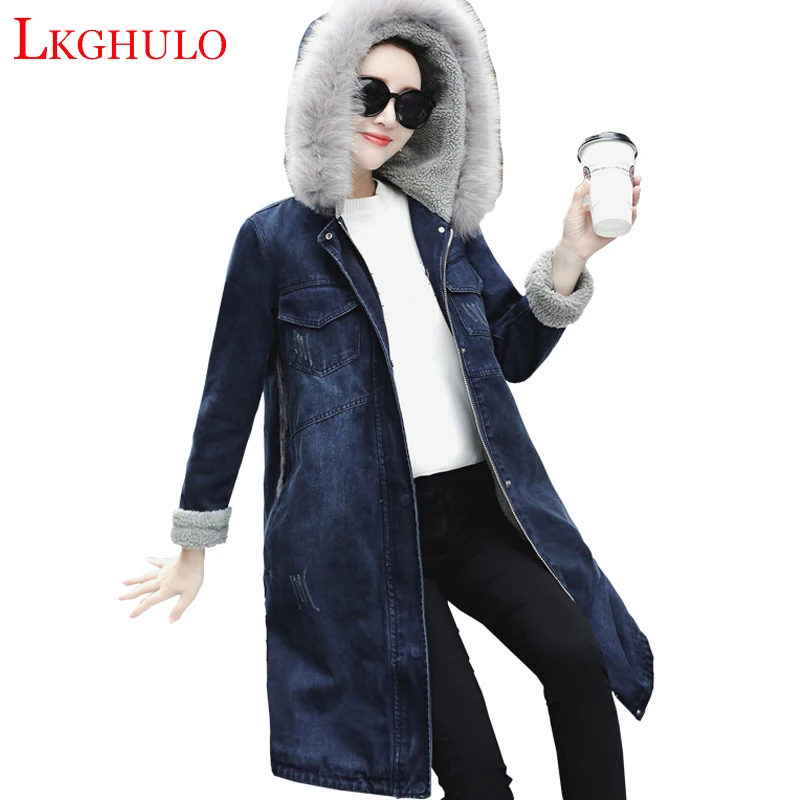 

Plus Size Long Denim Jackets Women Lamb Parkas Boyfriend Style Thicken Cotton Vintage Jean Jacket Loose Winter Denim Coat A847