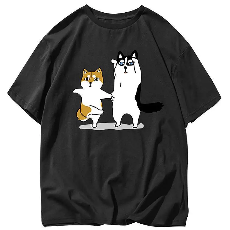 

Zuolunouba Office Lady Short Sleeve Cartoon Dog Print Harajuku Long Tees Tops Summer Cotton Women T-shirts Black Plus Size