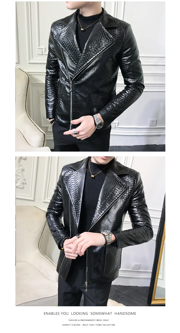 Tang cool новая брендовая Классическая кожаная куртка с крокодиловым принтом Мужская Черная модная дизайнерская куртка из искусственной кожи в стиле панк