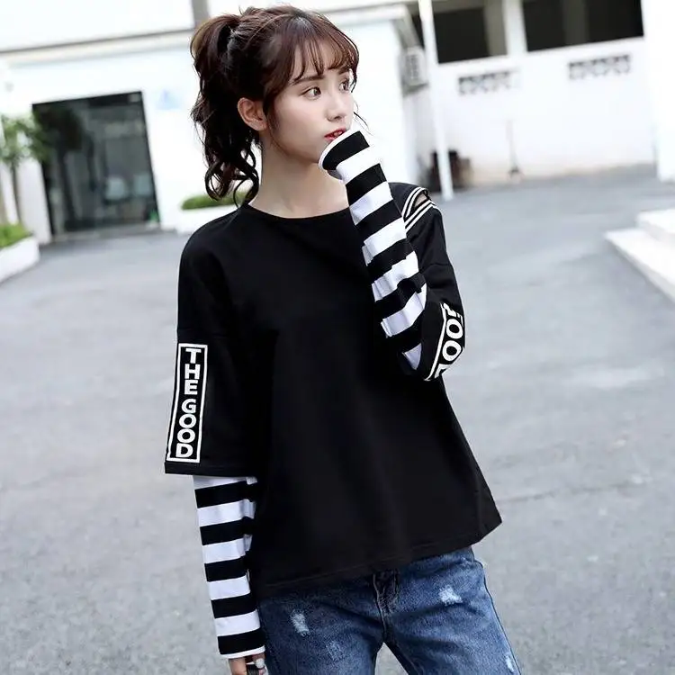 Японские футболки в стиле хип-хоп для мужчин и женщин, забавные повседневные футболки с длинным рукавом в полоску Харадзюку, уличная Женская футболка из двух частей для девочек