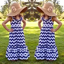 2016 Kids Girls Summer Boho Halter Dress Long Beach Stripes&Ruffles Dress 3-10Y