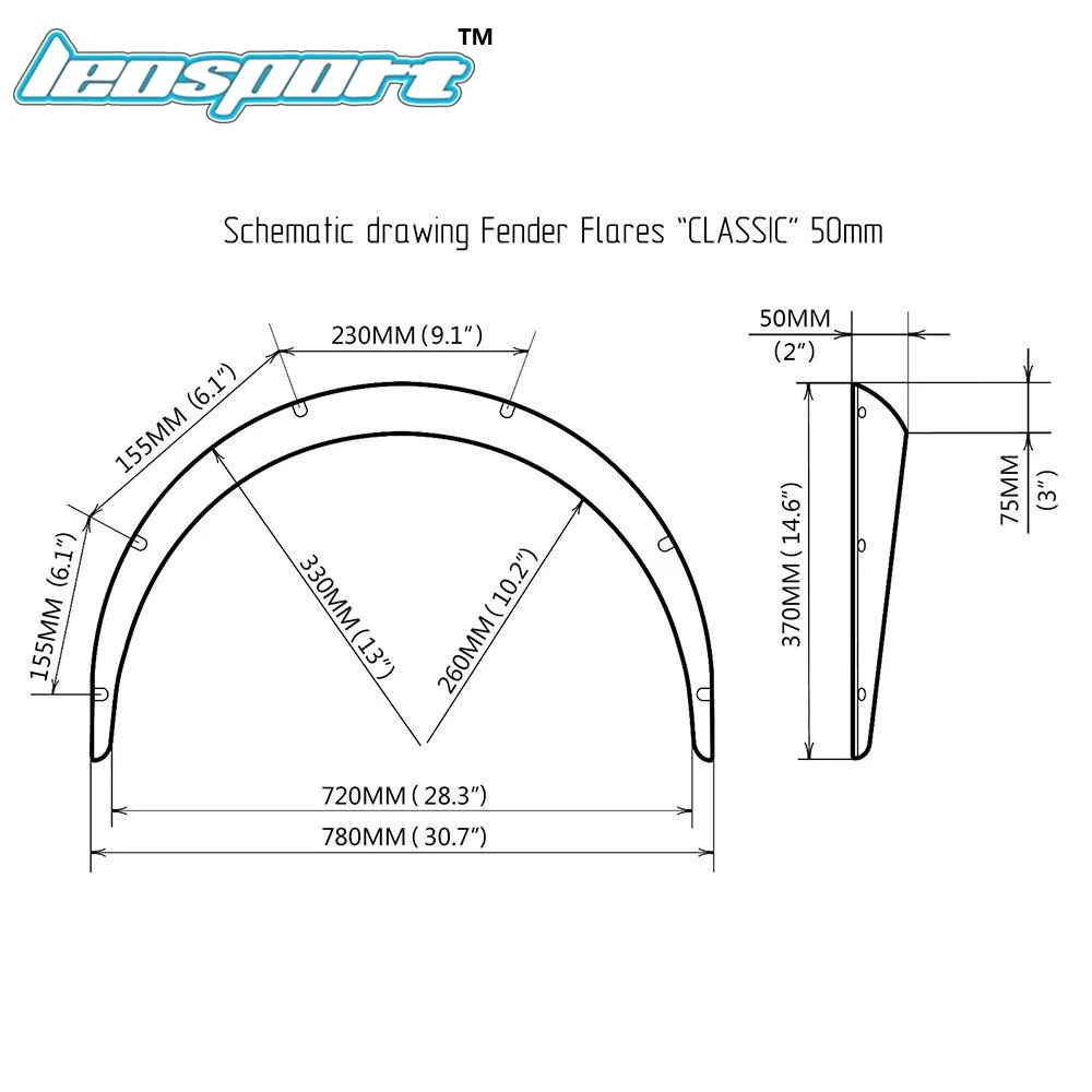 Leosport-универсальные вспышки крыла над широкими колесными арками 2 шт. 6,98 см(70 мм) и 2 шт. 2. дюйма(50 мм