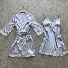 Летний сексуальный женский ночной халат из 2 предметов, комплект для сна, вискозный Шелковый кимоно купальный халат, аппликация, цветочный пеньюар с кружевной отделкой, ночная рубашка