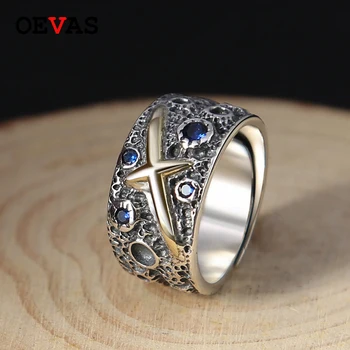 

Real S925 Silver Gold color Cross men ring Top quality Thai Silver Blue starry retro Open ring birthday Gift Jewelry Wholesale
