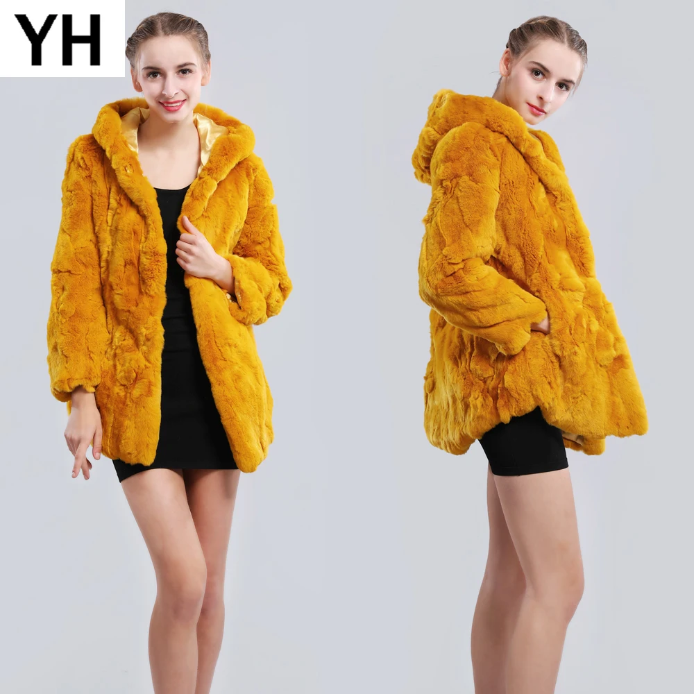 

2019 Long Style Women Real Rex Rabbit Fur Coat Warm Soft Real Rex Rabbit Fur Jacket 100% Natural Rex Rabbit Fur Hooded Overcoat