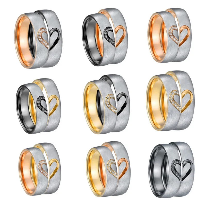 Black Silver Rose gold color Marriage Heart Anniversary Couple wedding ring jewelry men Engagement Rings for Women (4)