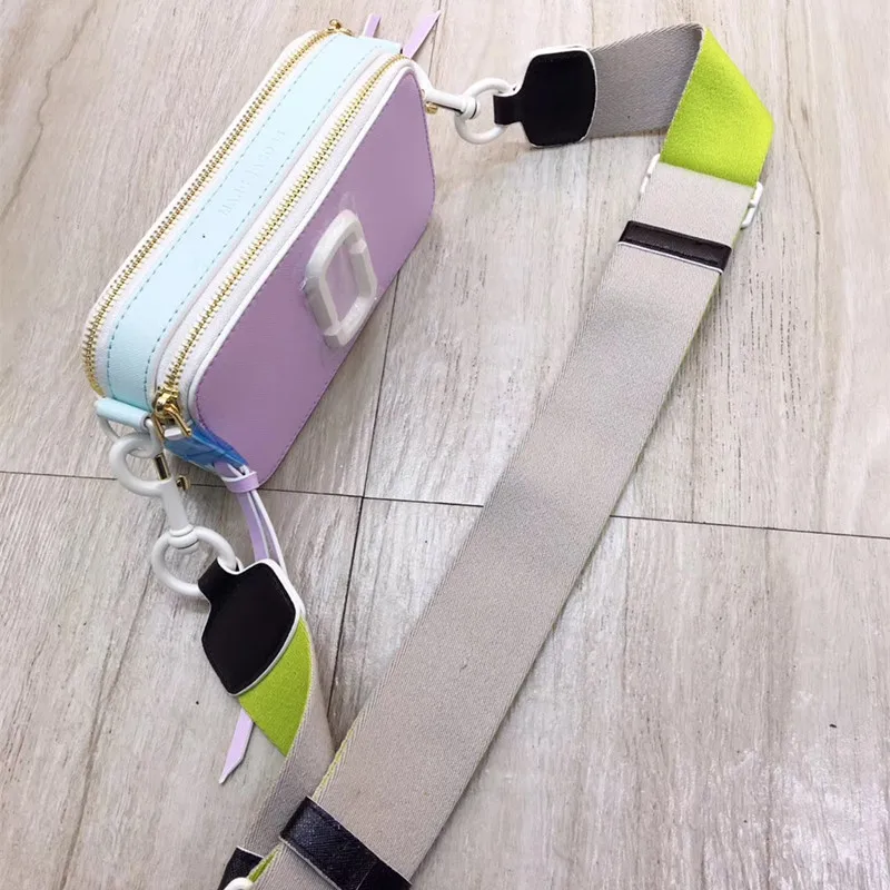 

Female designer promotional bag leather small square mini zipper Messenger camera metal wide shoulder strap crossbody bags for