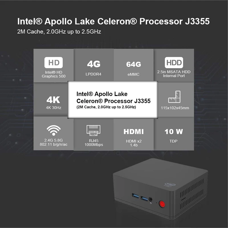 AP35 мини ПК настольный Windows 10 мультимедийный офисный компьютер 4 Гб ОЗУ Lpddr4 64 Гб Emmc Intel Apollo Lake Celeron процессор J3355