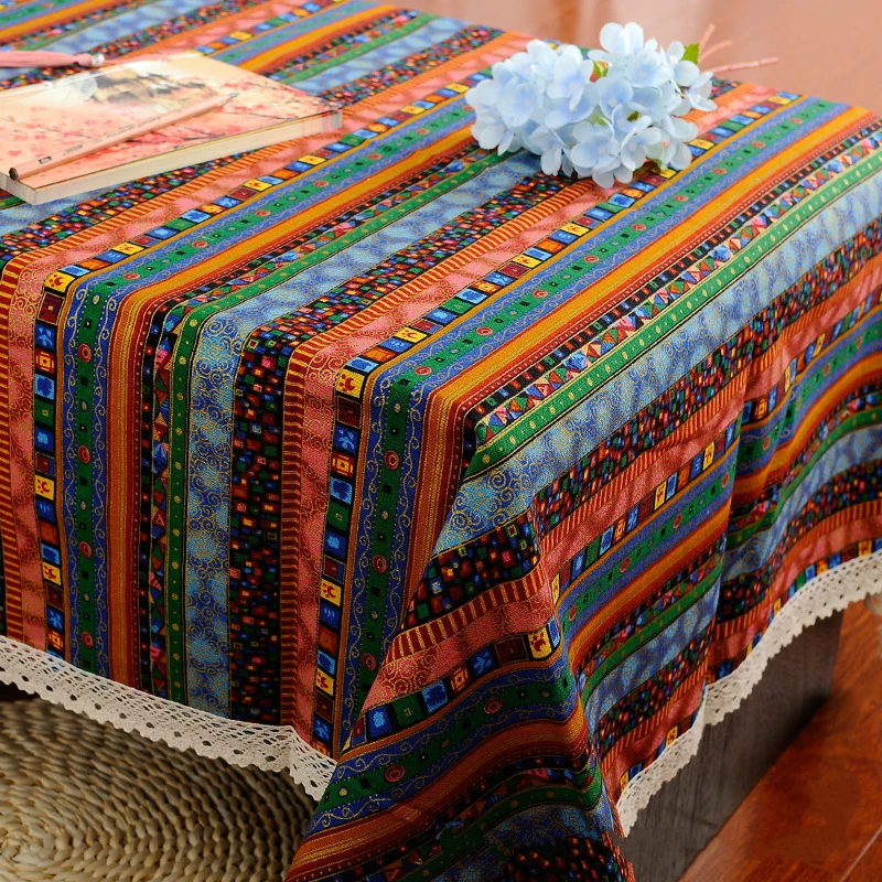 Bohemia Ethnic style striped pattern linen&cotton table cloth Colorful