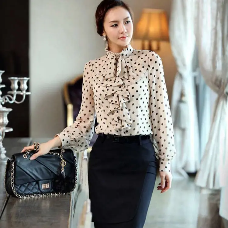 New Women Formal Flounce Collar Polka Dot Slim Long Sleeve