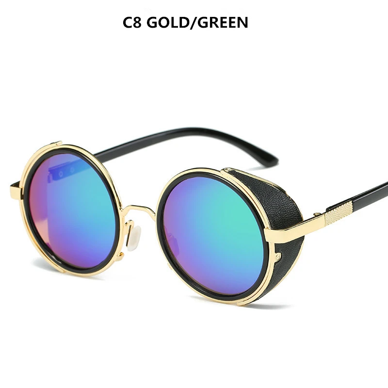 Steampunk Sunglasses Women Round Glasses Goggles Men Side Visor Circle Lens Unisex Vintage Retro Style Punk Oculos De Sol - Lenses Color: GOLD GREEN