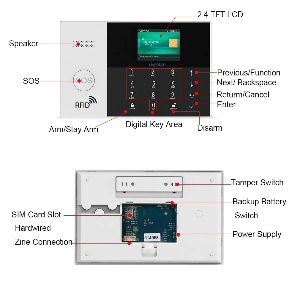 Ubontoo беспроводной охранный датчик домашней безопасности wifi RFID SIM GSM сигнализация Система IOS Android приложение управление ЖК Сенсорная клавиатура