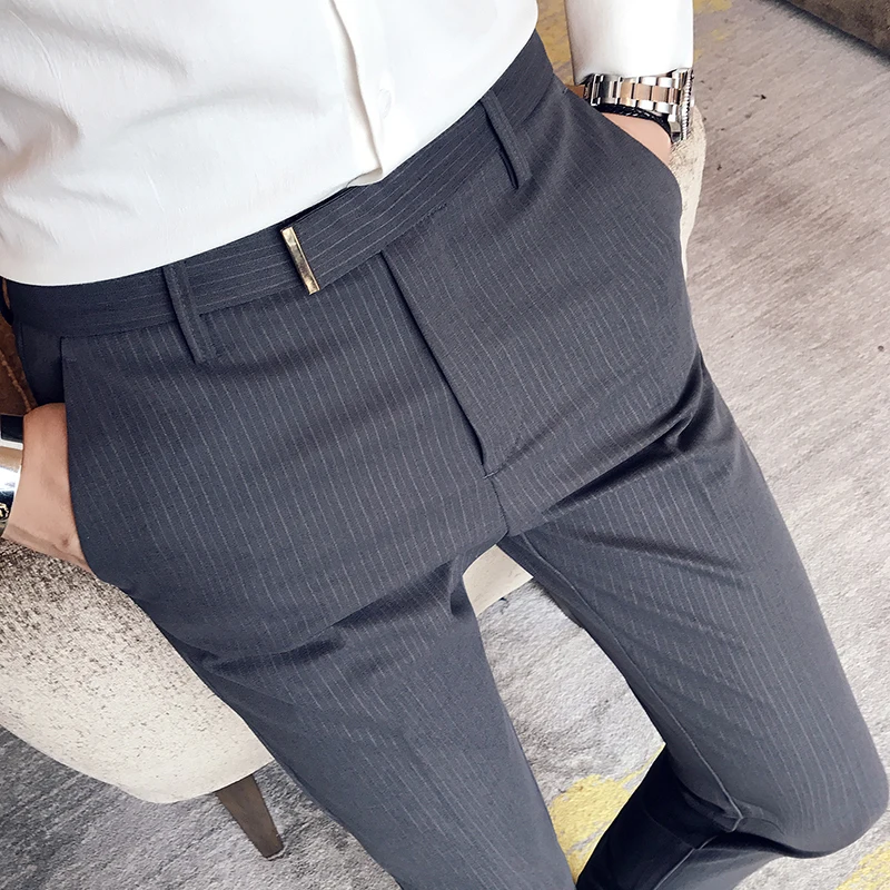 Aliexpress.com : Buy Slim Fit Stripe Men's Social Trousers Black Grey ...