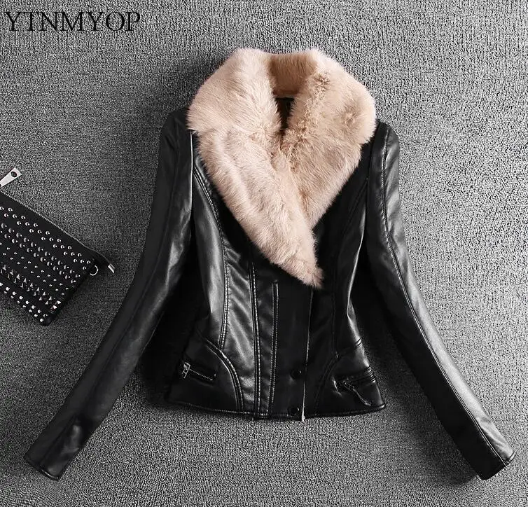 YTNMYOP, тонкая женская кожаная куртка с воротником из натурального меха кролика Рекс, осенне-зимние толстые кожаные пальто, верхняя одежда, плюс 4XL - Цвет: photo