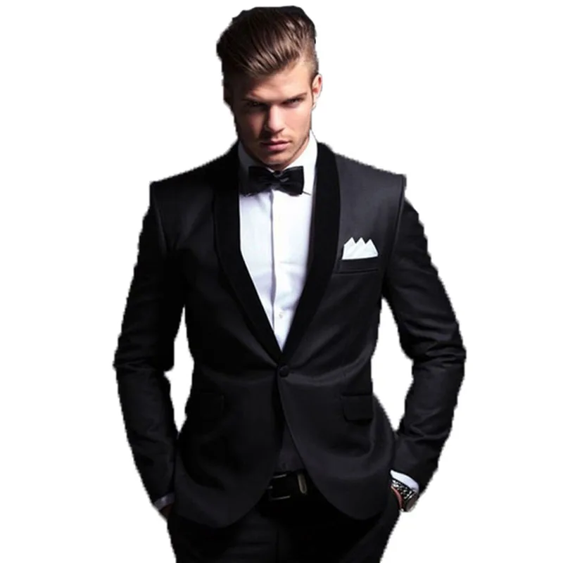 2019 на заказ черный свадебные костюмы для мужчин Slim Fit из 2 предметов (куртка + брюки) Жених выпускного вечера Смокинги Костюмы Бизнес костюмы