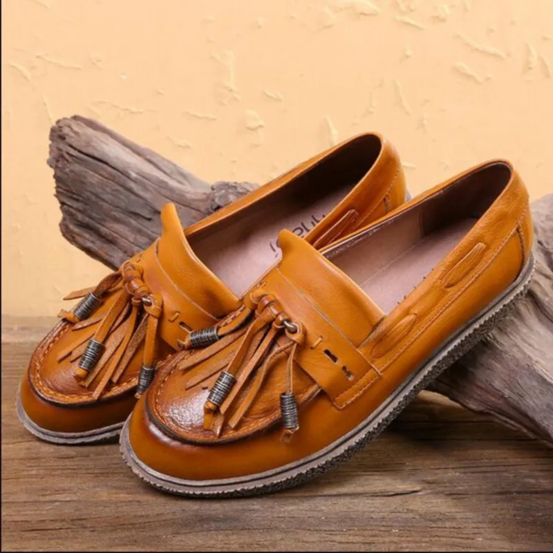 2016 casual shoes genuine leather handmade women s shoes round toe flat women s tassel flats