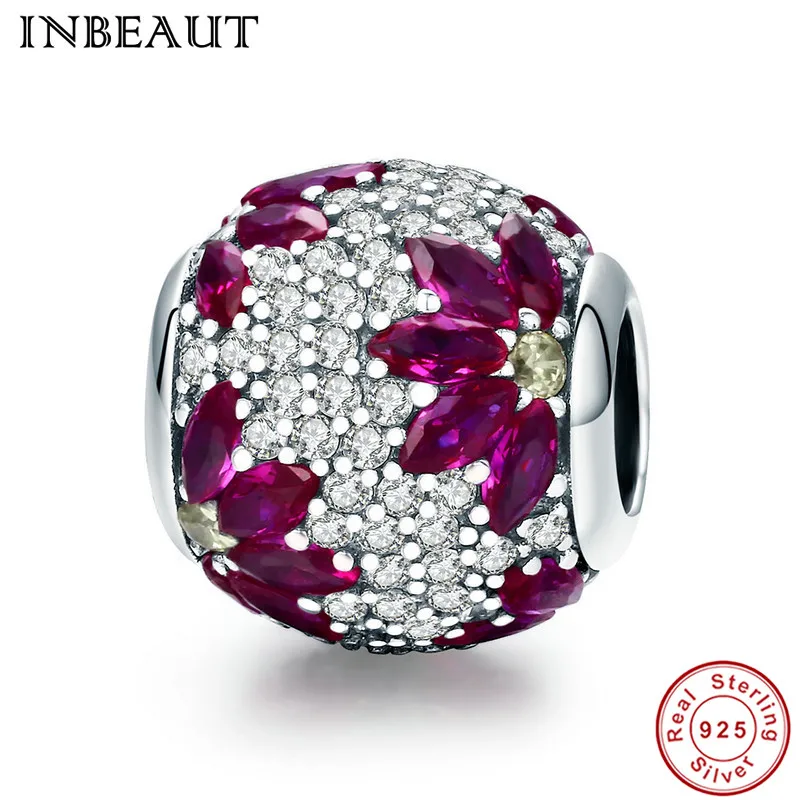 

INBEAUT Real 925 Sterling Silver Round Zircon Stones Wine Red Falling Flower Cubic Zirconia Beads fit Pandora Bracelet for Women