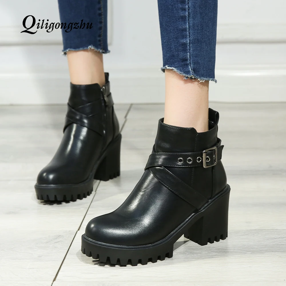 

Black Ankle Boots Women 8cm High Heels Boots PU Leather Buckle Shoes Woman Winter Autumn Platform Boots Women Plus Size Shoes