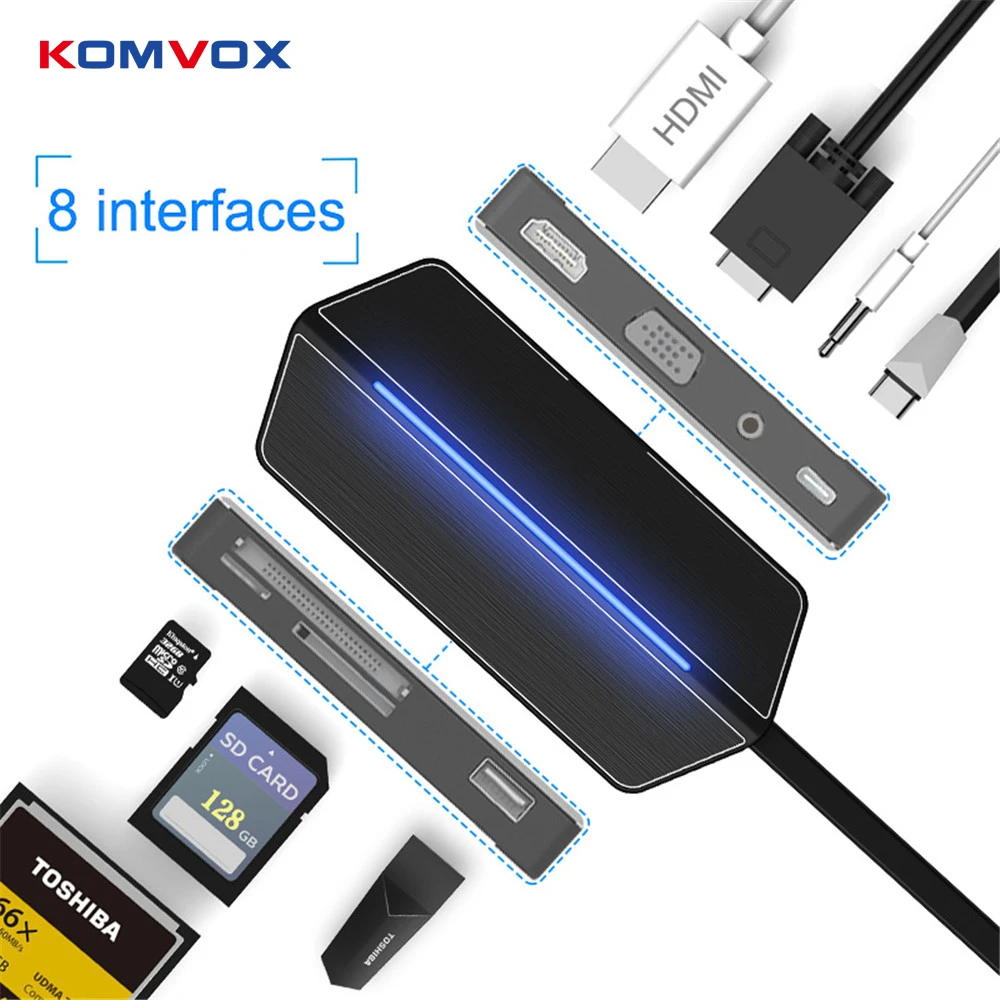 

8 in 1 Multi USB C Hub to HDMI VGA Adapter USB 3.0 Hub with Type-C PD Charging SD/TF/CF Slot 3.5MM Socket for MacBook Pro