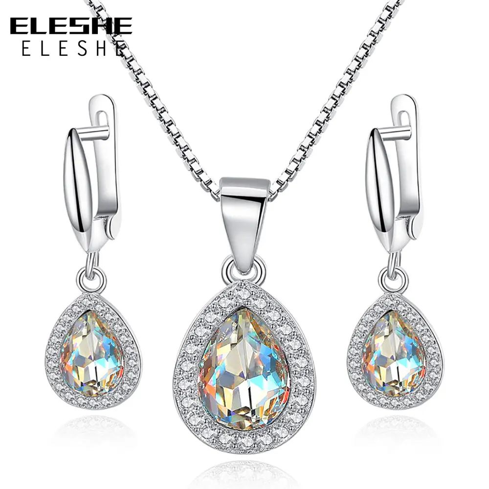 

ELESHE Fashion 925 Sterling Silver Water Drop Pendant Necklace Earrings for Women Austrian Crystal Wedding Jewelry Sets