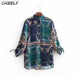 CHBBLF Женская шикарная цепь блузка с рисунками с завязками и рукавом отложной воротник рубашки винтажные женские Топ blusas DFP8522