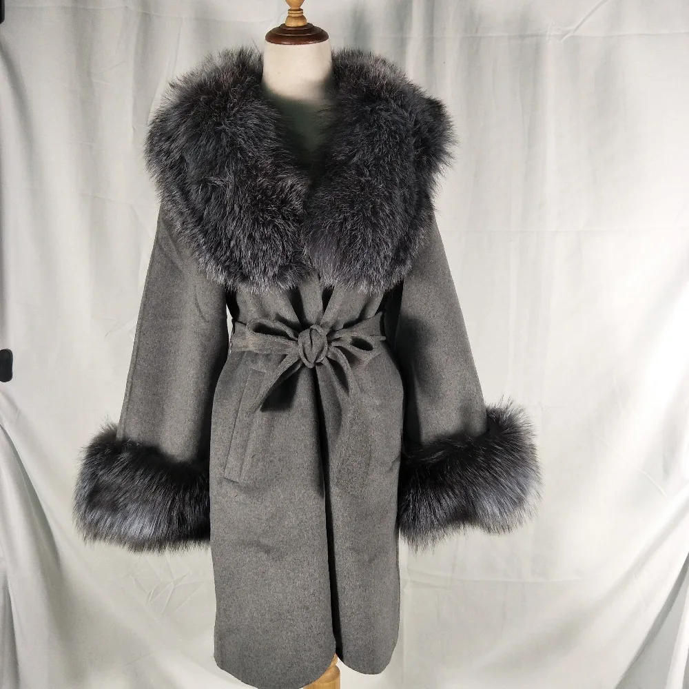 90 см длинные женские зимние куртки пальто из натурального Лисьего меха шерстяные куртки негабаритные серебряные рукава с лисьим воротником Акция Настоящий мех