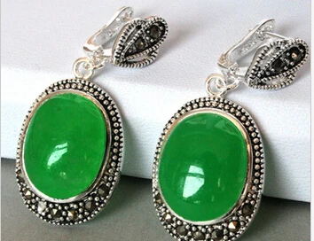 

Hot selling> shitou 00437 FASHION WOMEN'S MARCASITE GREEN JADE 925 SILVER DANGLE HOOK EARRING -Bride jewelry free shipping