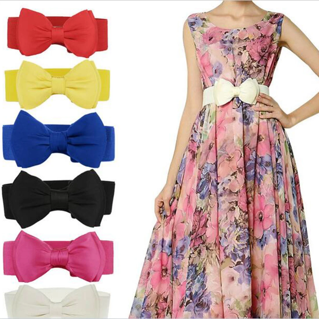 

Women White Elastic Belt Bow Fashion Harajuku Style Belt for dresses Women Waistband Wide Stretch leather belt ceinture cuir