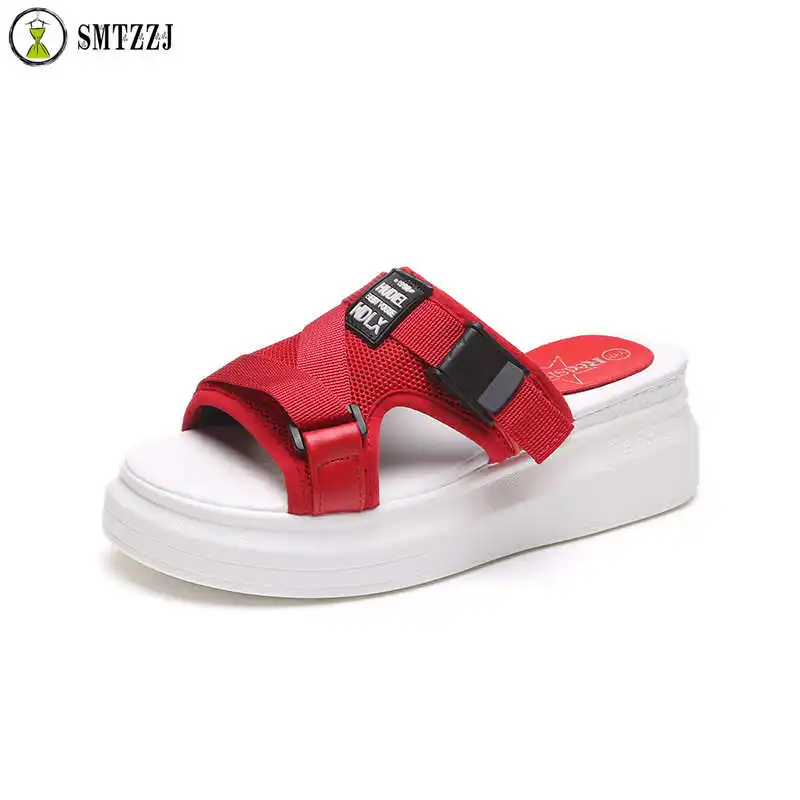 

SMTZZJ 2019 New Canvas Summer women Comfortable Soft Slippers Thick bottom black white Beach Flip Flop sandals Sales Slides