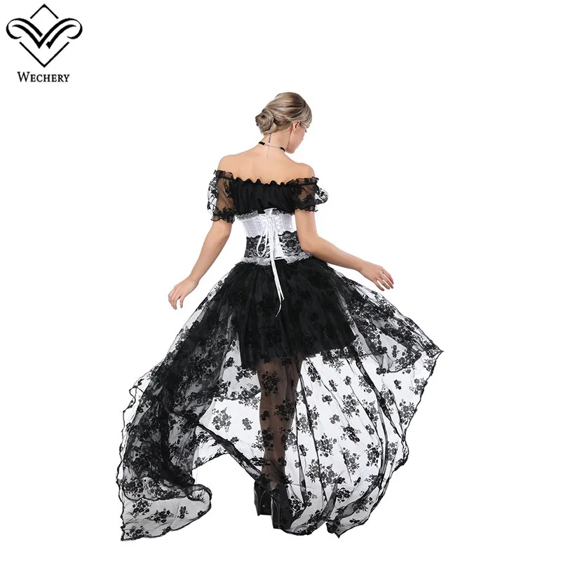 Corset Elástico Negro Sexy Victorian De Falda Manga Corta Faldas Traje Y Encaje Floral Tops Lace Conjunto Witchery Up vq8Zw