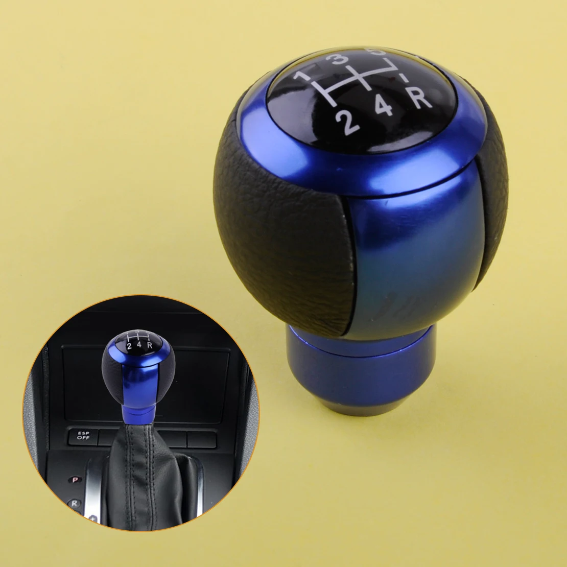 beler Blue & Black Leather 5 Speeds Car Gear Stick Shift Lever Knob