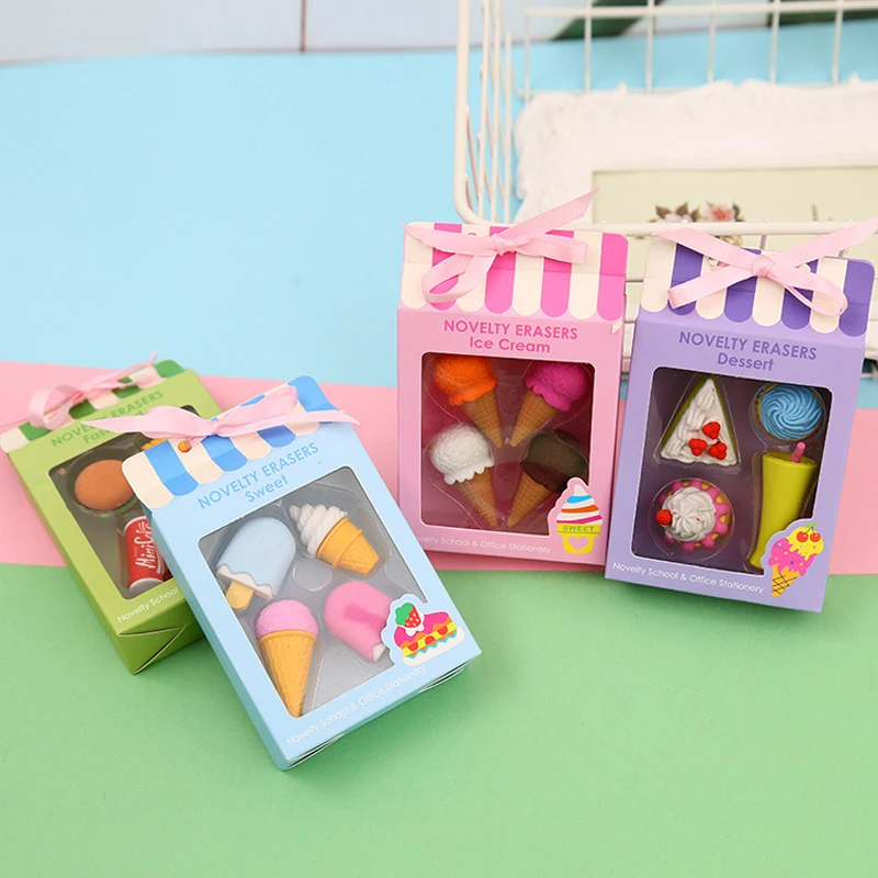 

4pcs/set Cute Food ice Cream Cake Erasers Novelty Drink Coke Eraser Set Kawaii Stationery School Office Supplies Kids Gifts
