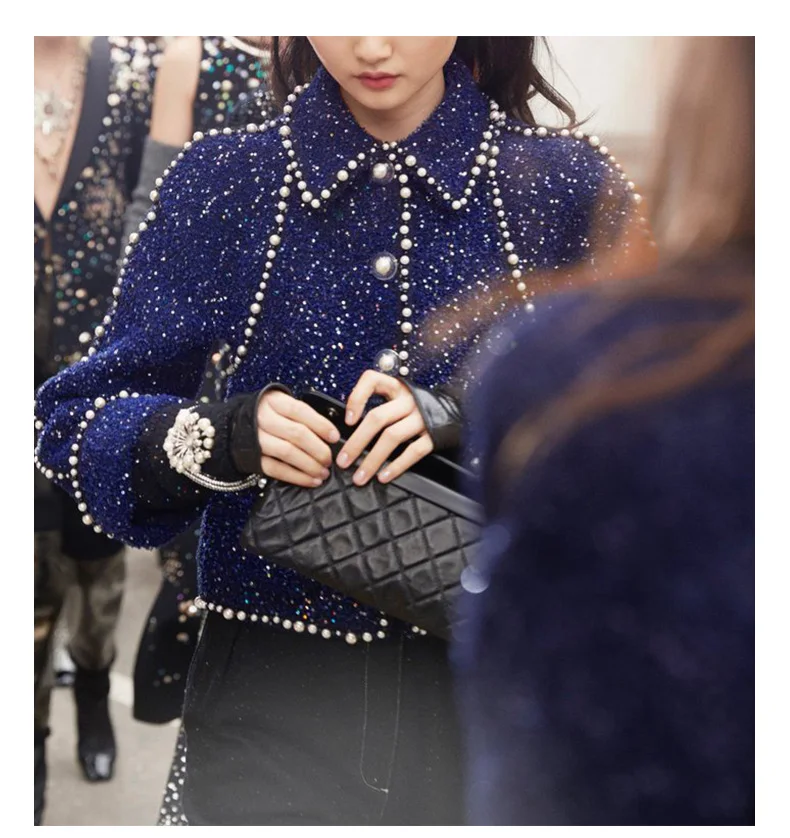 Видеть оранжевый синий твид куртка ручной работы Бисер жемчуг Короткое пальто куртка-бомбер женская куртка cazadora mujer SO2125