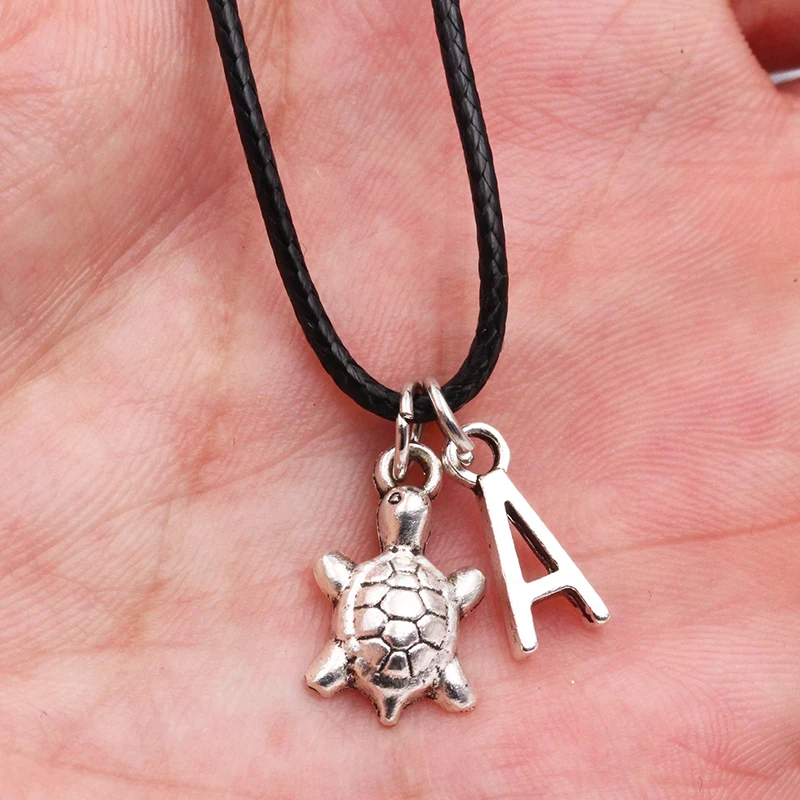 

New A-Z Letter Cute Tortoise DIY Tibetan Silver Pendant Black Leather Necklace Fashion Handmade Jewelry for Men Women