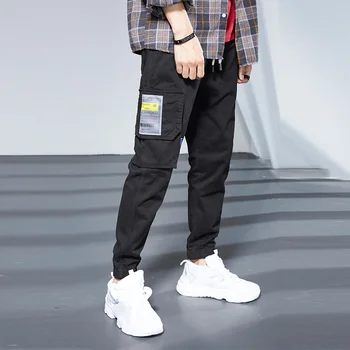 

men's elastic waist & hem black army green khaki color cargo pants multifunction pockets joggers trousers for adults youth boys