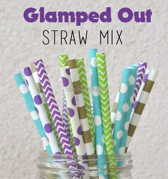 

100pcs Mixed Colors Glamped Out Paper Straws,Purple chevron,purple dot, lime chevron, gold sailor stripe