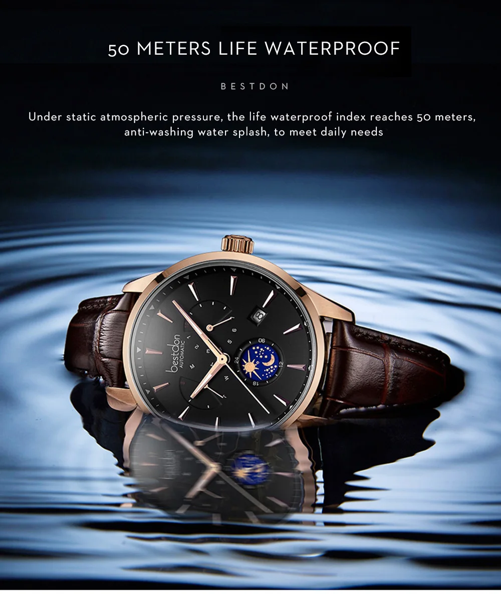 Bestdon швейцарские роскошные брендовые механические часы, автоматические мужские часы с фазой Луны, синие кожаные Наручные часы, Классические джентльменские часы
